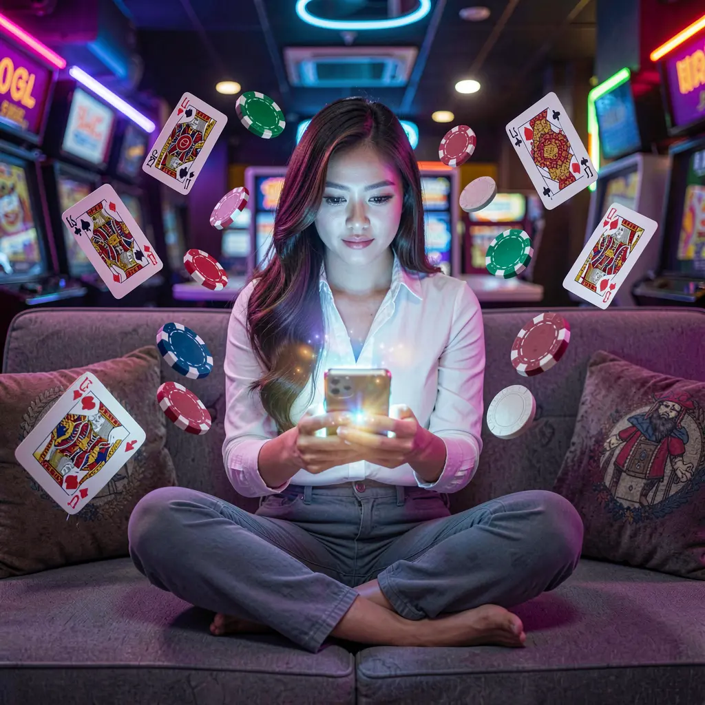 Focused Filipino woman interacting with the UUUPH mobile casino app as vibrant poker chips and neon lights create a premium gaming mood