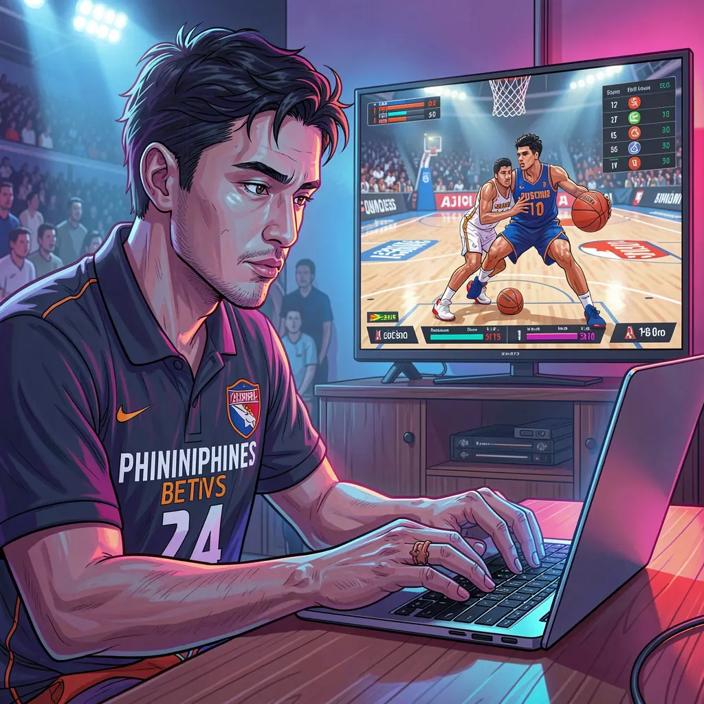 Focused Filipino sports bettor using a laptop to place real time basketball bets with live game action and odds displayed on UUUPH