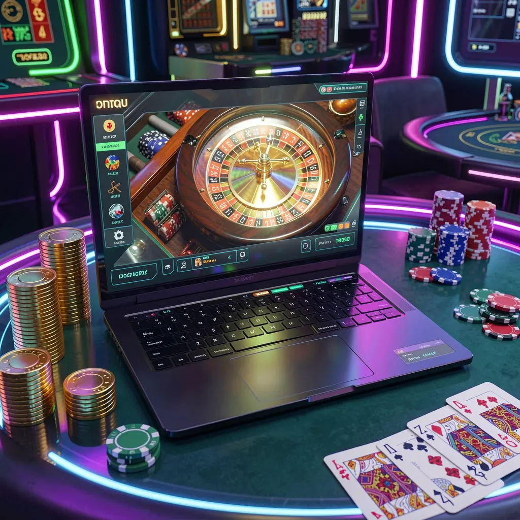 Modern laptop displaying a vibrant roulette wheel surrounded by casino chips and poker cards highlighting premium online casino gameplay on UUUPH in the Philippines