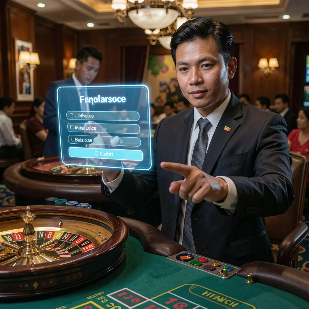 Confident Filipino casino dealer interacting with a futuristic digital login interface above a glowing roulette table at UUUPH