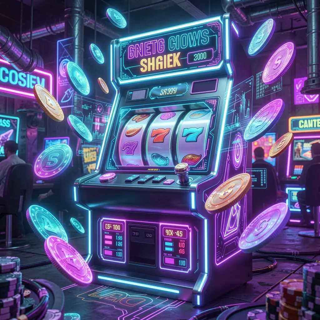 Futuristic glowing slot machine with spinning reels and floating coins in a neon casino setting representing premium online slot gaming at UUUPH Philippines